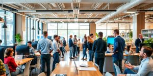 Modern business professionals collaborating in an office setting.