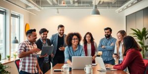 Entrepreneurs collaborating in a modern office environment.