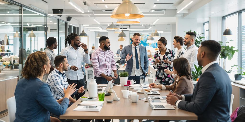 Diverse professionals collaborating in a modern business environment.