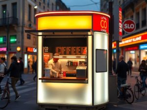 O cafenea mică și modernă, cu o vitrină luminoasă.