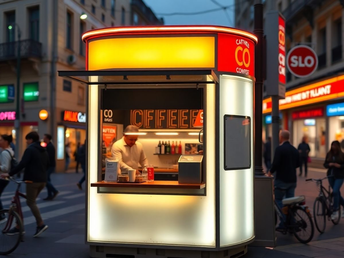 O cafenea mică și modernă, cu o vitrină luminoasă.