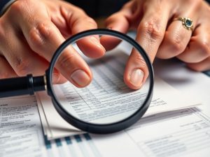 Persoană examinând documente cu lupa, concentrată.