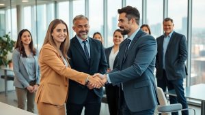 Două persoane de afaceri dau mâna într-un birou modern.